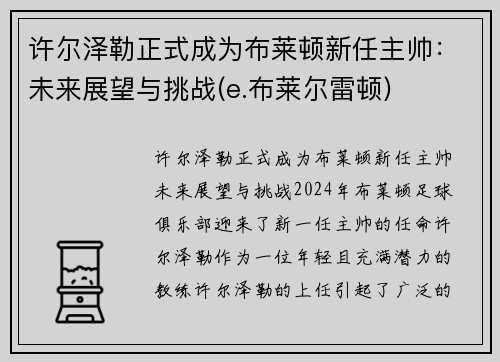 许尔泽勒正式成为布莱顿新任主帅：未来展望与挑战(e.布莱尔雷顿)