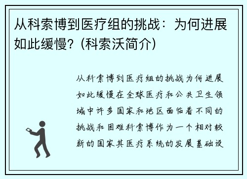 从科索博到医疗组的挑战：为何进展如此缓慢？(科索沃简介)